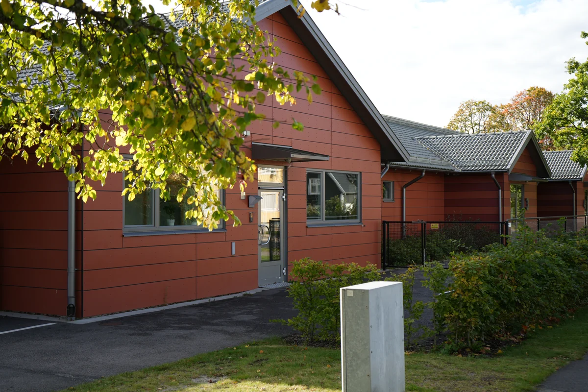 Byggnaden och utemiljön mellan träden.